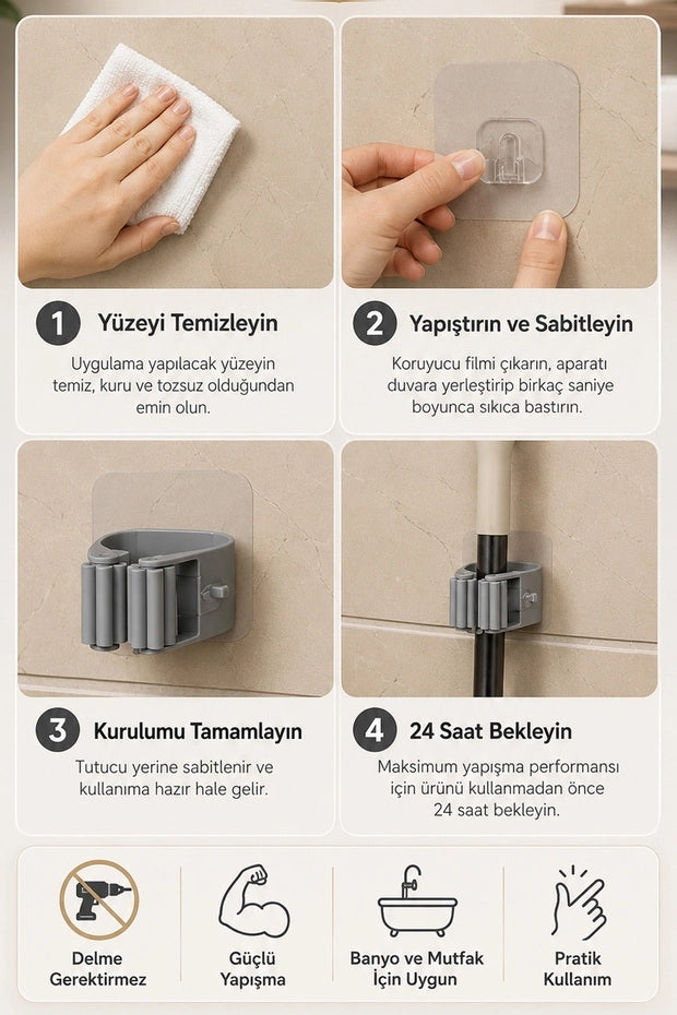 Mop ve Temizlik Aleti Duvar Askısı | Süpürge ve Paspas Tutucu