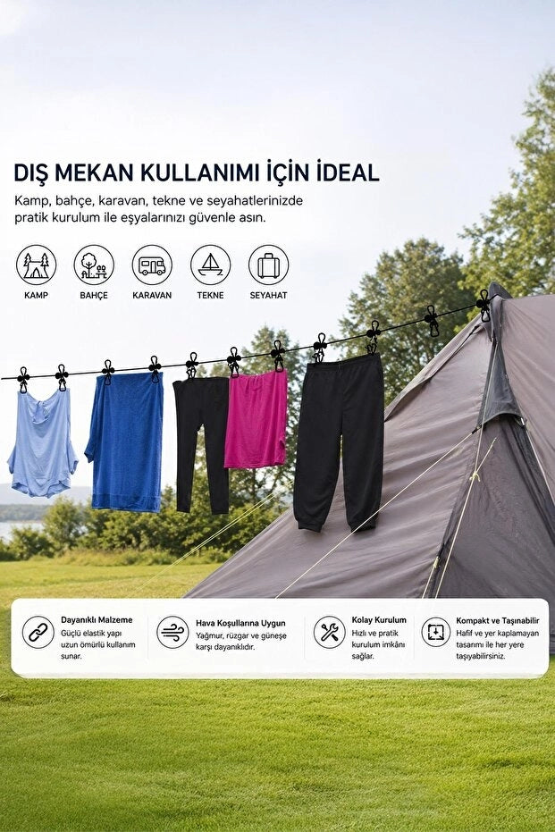 Taşınabilir Seyahat Çamaşır İpi | Mandallı Lastikli Kurutma İpi