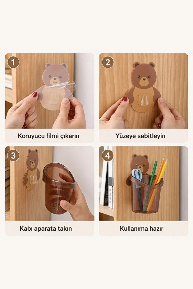 Ayıcık Desenli Kendinden Yapışkanlı Banyo Organizeri | Pratik Duvar Düzenleyici
