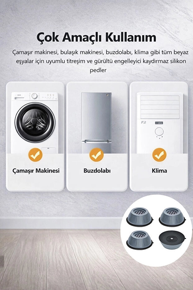 Beyaz Eşya Altlığı | Titreşim Önleyici Kaydırmaz Vantuzlu Koruyucu 4’lü Set