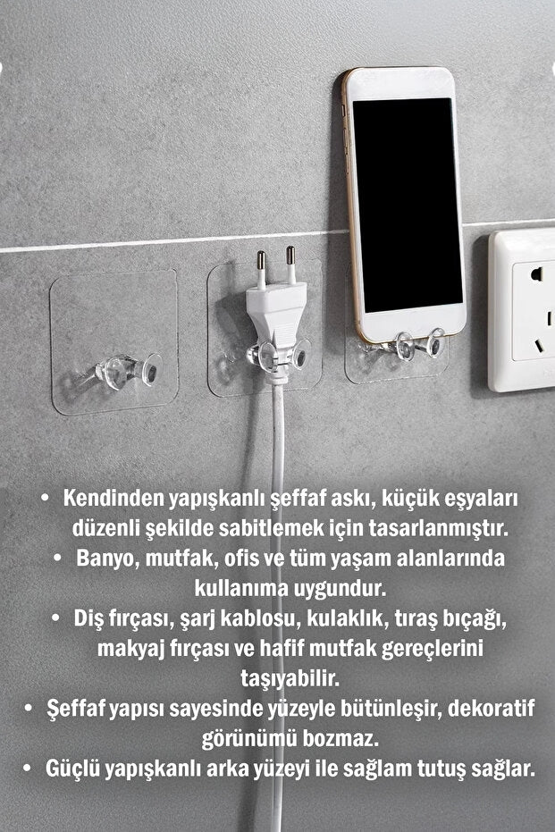 Nano Priz Askısı 5’li Paket | Kendinden Yapışkanlı Şeffaf Kablo ve Fiş Tutucu