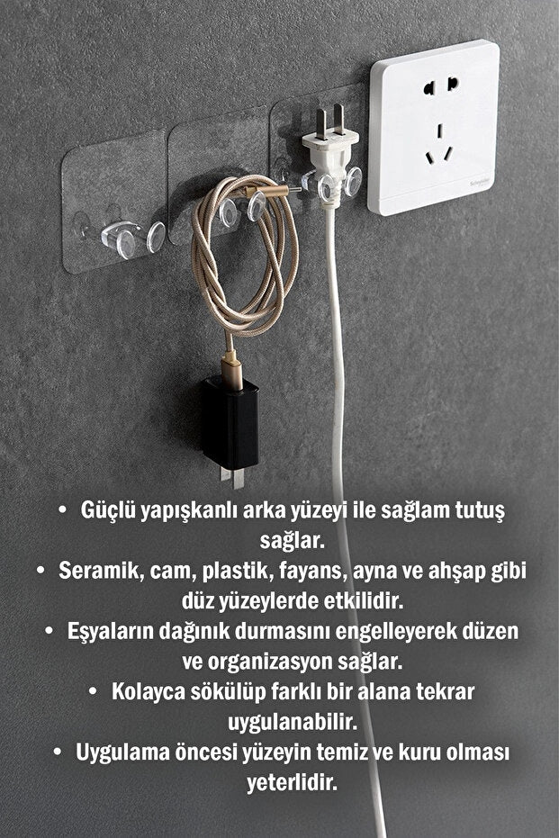Nano Priz Askısı 5’li Paket | Kendinden Yapışkanlı Şeffaf Kablo ve Fiş Tutucu