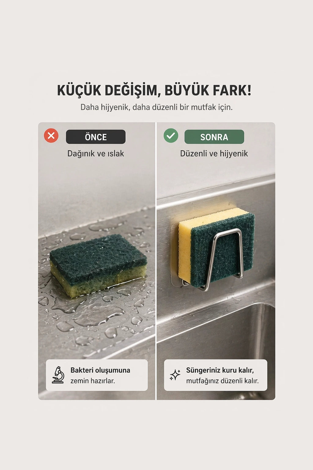 Paslanmaz Çelik Yapışkanlı Sünger Tutucu | Drenajlı Evye Organizeri