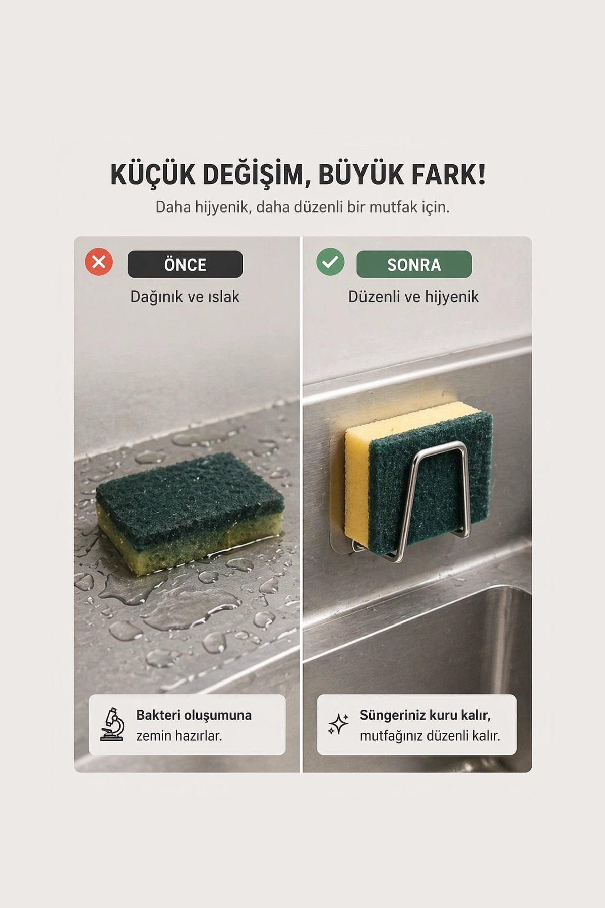 Paslanmaz Çelik Yapışkanlı Sünger Tutucu | Drenajlı Evye Organizeri